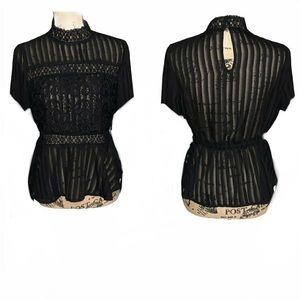 Haute Monde Semi-Sheer Black Lace Blouse Top, L